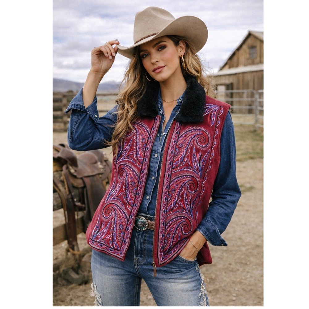 Bob Mackie Wearable Art Embroidered Vest Western Paisley‎ Fleece Faux Fur M